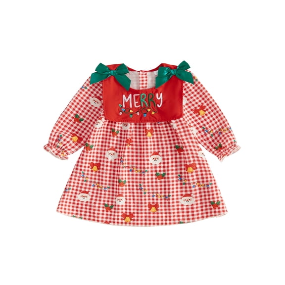RUINIXCW Girls Christmas Dress, Long Sleeve Crew Neck Santa Claus Plaid A-line Dress