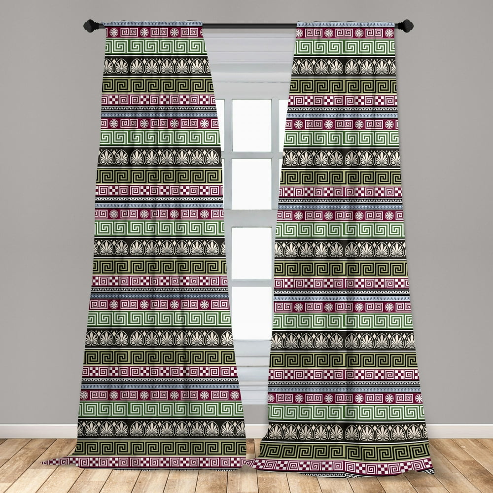 Greek Key Curtains 2 Panels Set, Antique Greek Ornamental Design Pattern with Mosaic Effects Old