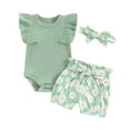 thumbnail image 2 of BemeyourBBs Toddler Baby Girls Summer Clothes Cute Infant Baby Girl 2 Pieces Outfits Short Sleeve Ribbed Romper Daisy Print Shorts with Belt Headband Sets, 2 of 10