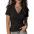thumbnail image 5 of Women's V Neck Ruched Elegant Solid Color Waist Slimming Short Sleeve T Shirt,Summer Casual Tops for Daily Wear,Vacation,Dating,Lightweight Breathable Tee Blouse Black L, 5 of 6