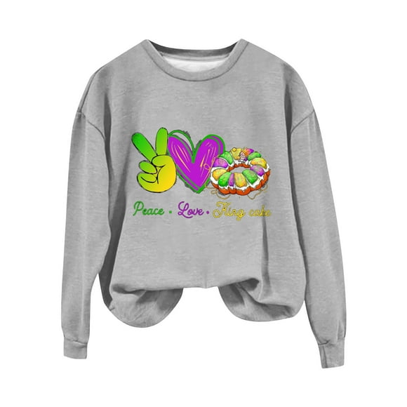 Bunenne Mardi Gras Sweatshirts Mardi Gras Outfit for Women's Carnival Cake Love Print Hoodie Crew Neck Shirt Women's Pullover Sweatshirt Crew Sweatshirt for Women Grey2 2XL
