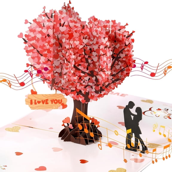 Pop Up 3D Cards for Her Lights & Music Romantic Love Heart Tree Anniversary Card Greeting Card Wedding Card for Him, Wife, Husband with Envelope and Blank Note Present Gift Pink
