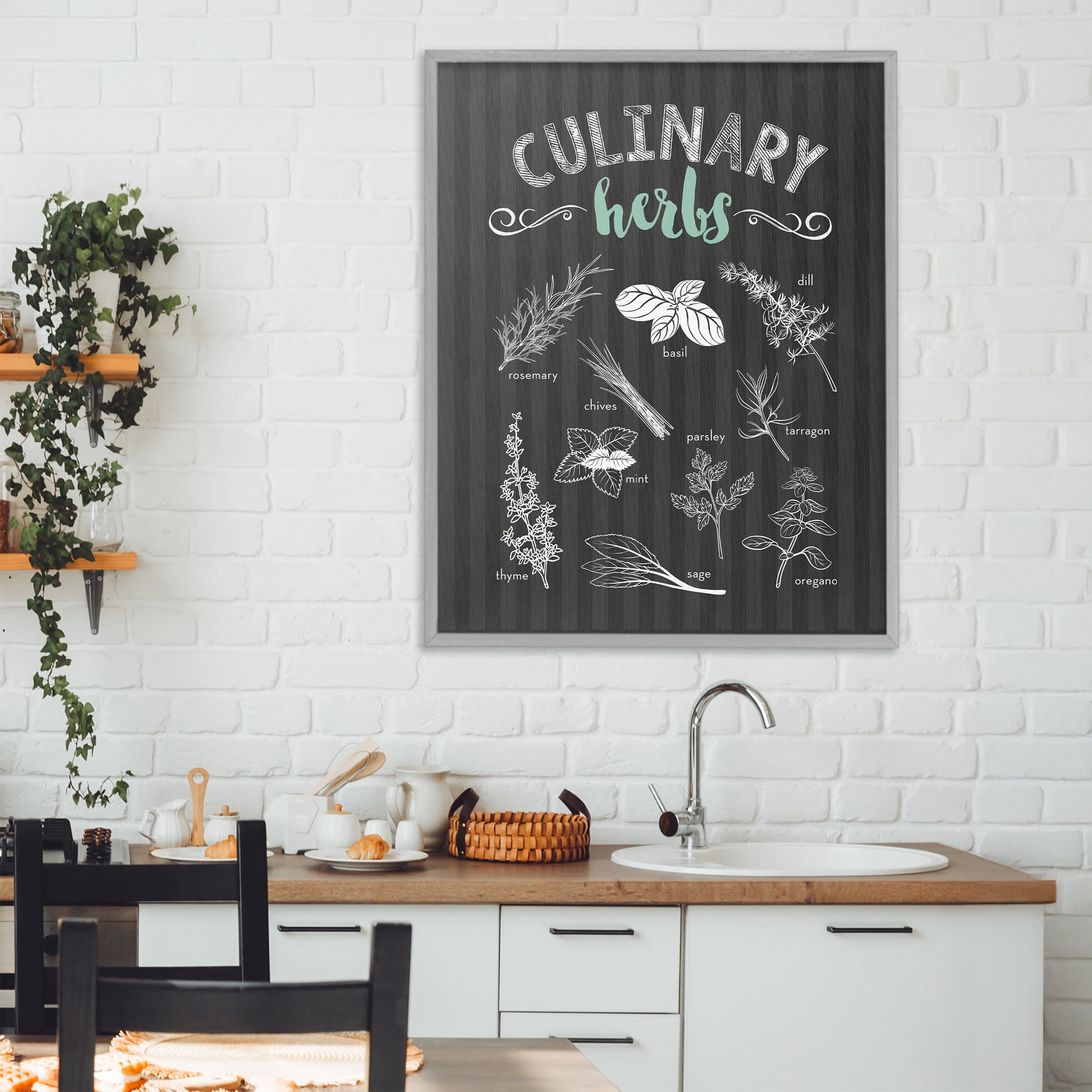 Culinary Herbs on Stripes Gray Framed Giclee Art, design by Lettered and Lined