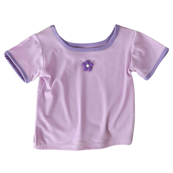 Cute Tops for Toddler New Cute and Versatile Ice Silk Neck Short-Sleeved T-Shirt for Middle and Large Girls Style B-38 Purple 18 Months