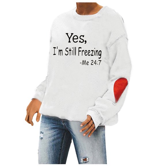 IROINNID Women's Long Sleeve Sweatshirt Round Neck Mid-Length Print Leisure Sweatshirt Pullover Splicing Trendy Tops, White