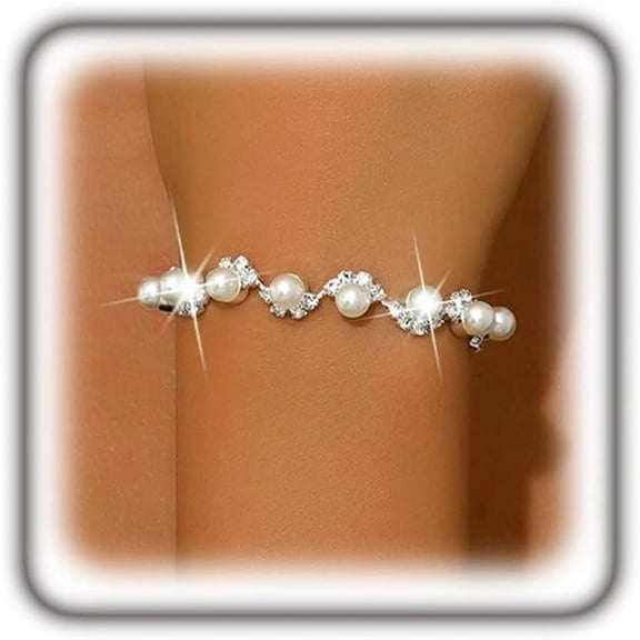 Dainty Gold Faux Pearl Crystal Bracelet for Women, Vintage Adjustable Sparkling Rhinestone Wavy Bracelet Trendy Bridal Jewelry Party Prom Gifts