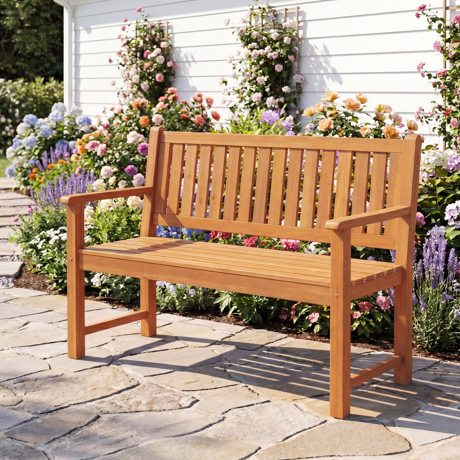 Costway 2-Seater Outdoor Wooden Bench, Garden Loveseat Bench with Backrest, Armrests Natural