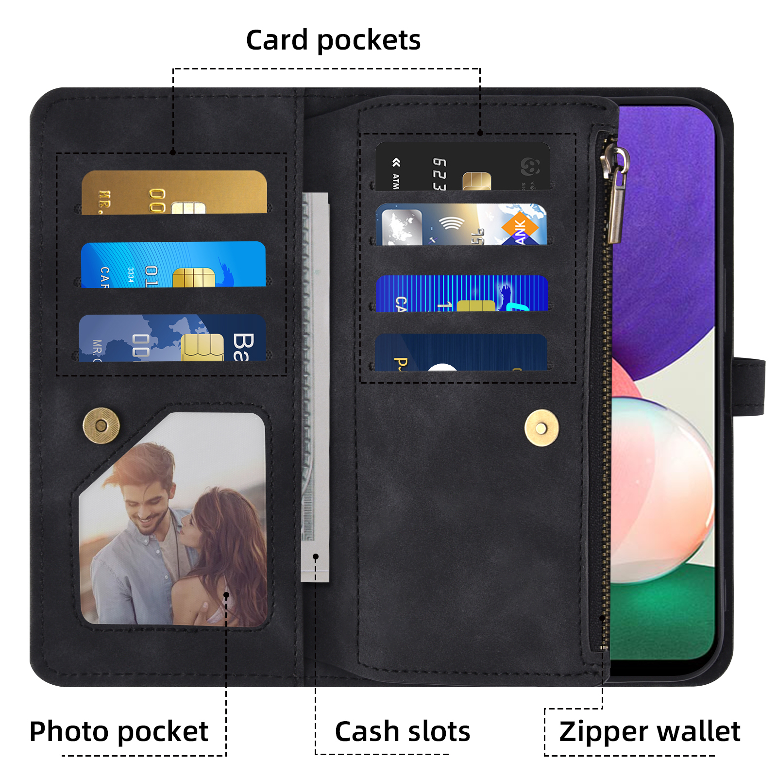 Asuwish Phone Case for Samsung Galaxy A22 5G Wallet Cover With Tempered Glass Screen Protector Crossbody Wrist Strap Flip Pattern Zipper Credit Card Holder Stand Cell A 22 22A A22s G5 Women Men Black
