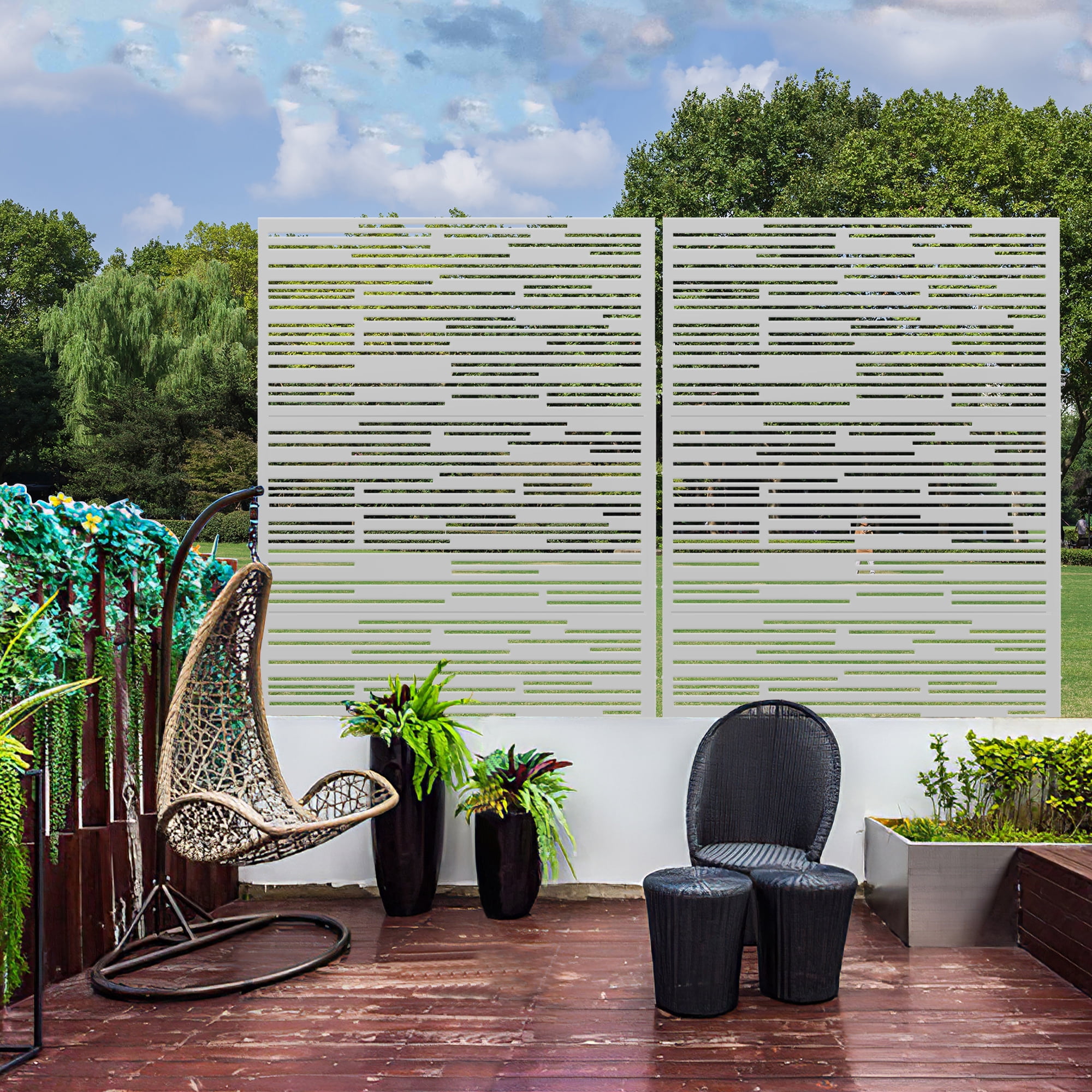 MAYEERTY 72×47" Outdoor White Metal Privacy Panel Screen for Backyard & Garden, Shadow Play Pattern