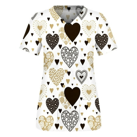 

Alrise Khaki Summer Plus Size Scrubs Top for Women Fashion Print Short Sleeve T-Shirt V-Neck Pockets Workwear Blouse 3X-Large