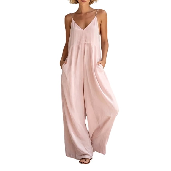 Women's Spaghetti Strap Jumpsuit - Boho V Neck Loose Sleeveless One Piece Wide Leg Pants Romper with Pockets