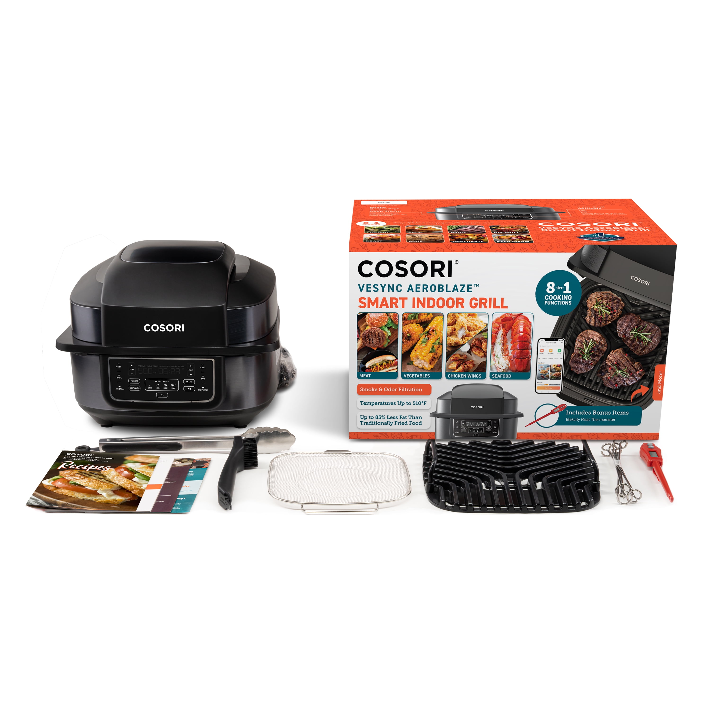 COSORI Electric Smokeless Indoor Grill & Smart XL Air Fryer Combo, 8-in-1,  6QT, 100 Recipes, Grill, Broil, Roast, Bake, Crisp, Dehydrate and More