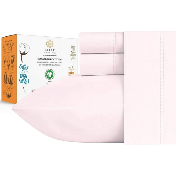 100% Organic Cotton Sheet Set - Crisp and Cooling Percale Weave, Eco-Friendly 3 Piece Bedding, Deep Pocket with All-Around Elastic (Twin, Blush Pink)