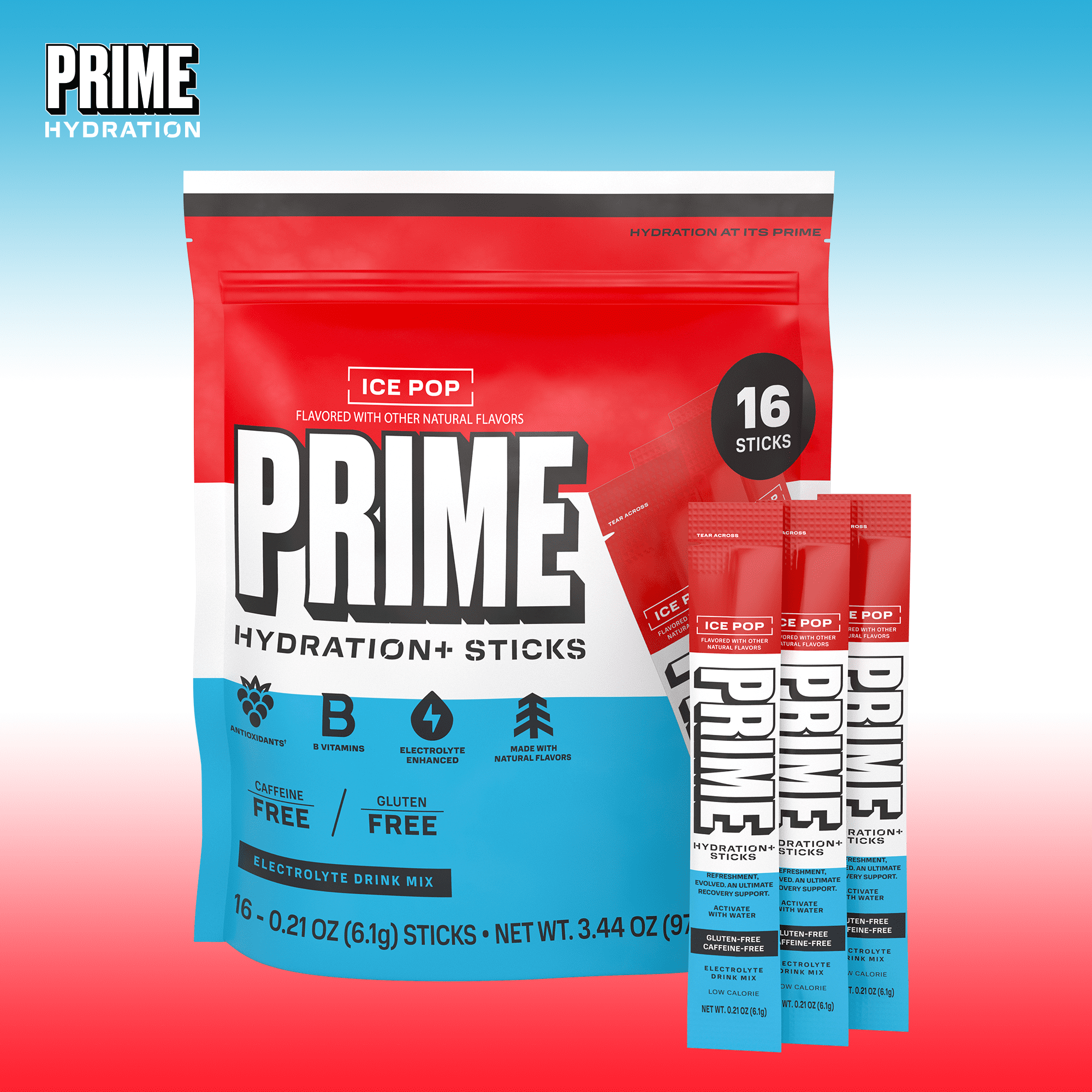 PRIME Hydration+ Ice Pop Electrolyte Powder Sticks, Sugar Free, 16 Count