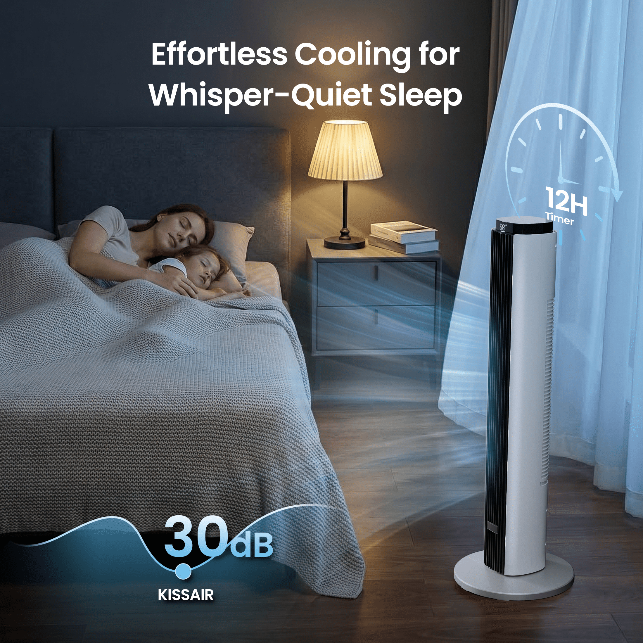 KISSAIR 37" Tower Fan with Remote, 6 Speeds, 4 Fan Modes with LED Display, 12H Timer, 90°Oscillation Fans,  Speeds Adjustable, Remote Control Suitable for Home/Bedroom/Office, Black-White mix