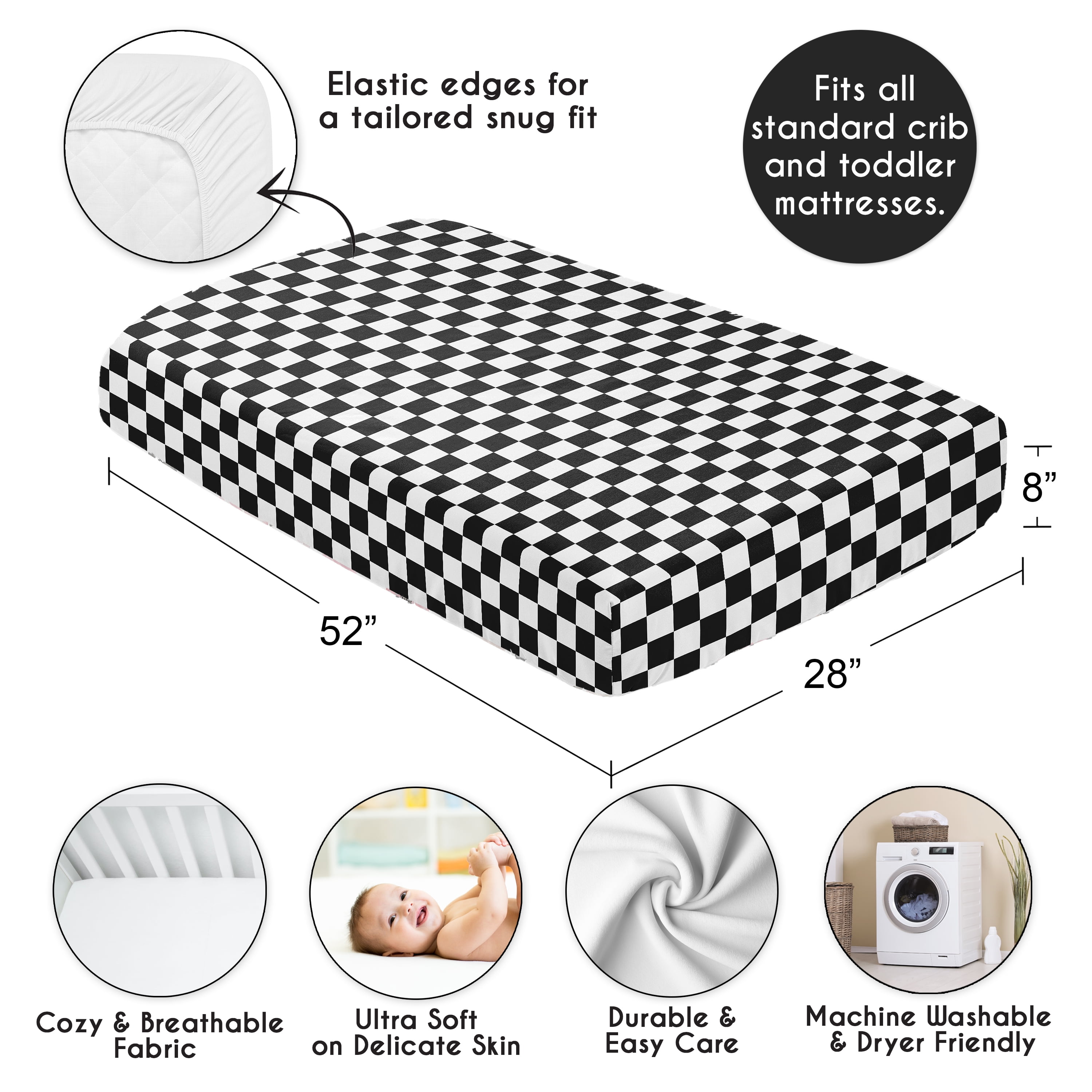 Sweet Jojo Designs Gingham Checkered Plaid Black and White Boy, Girl, Unisex/Gender Neutral Fitted Crib Sheet