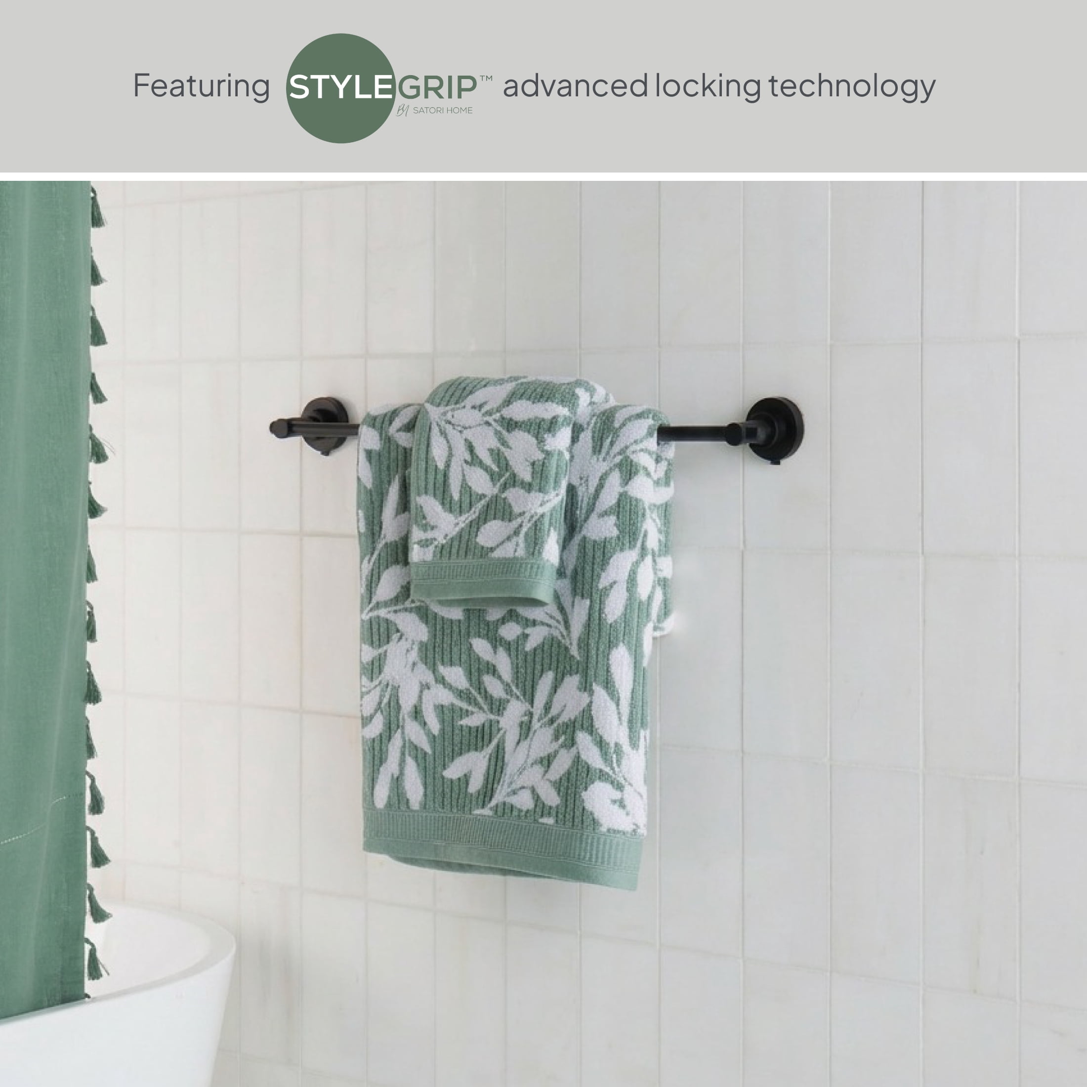 Better Homes & Gardens StyleGrip™ Suction Mount Towel Bar w/Hooks, Matte Black