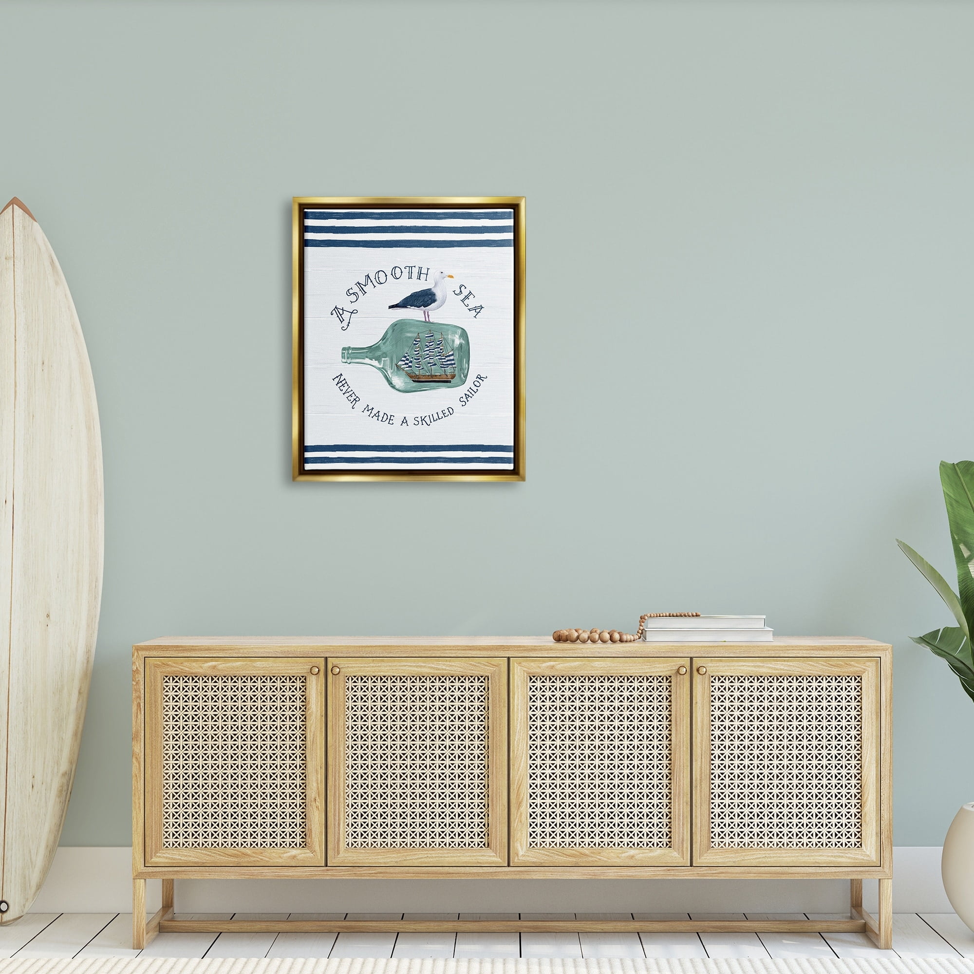 Stupell Industries Ship In Bottle Seagull Striped Nautical Phrase Graphic Art Metallic Gold Floating Framed Canvas Print Wall Art, Design by Raquel Maciel
