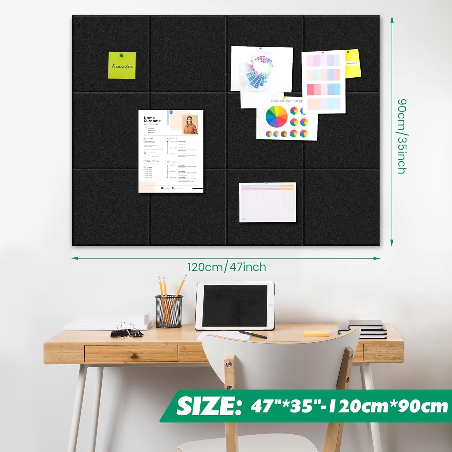 Topboutique Large Cork Board 12 Pack Felt Wall Tiles Black Bulletin Board with Self-Adhesive Stickers&Pushpins Square Pin Board for Office Home Walls-Black,12" x 12"