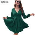 thumbnail image 2 of Vestido de mujer Laklulu con escote en V profundo, manga larga, lazo en la cintura, volantes, minivestidos estilo patinador - Verde oscuro, Verde oscuro, XL, 2 of 6