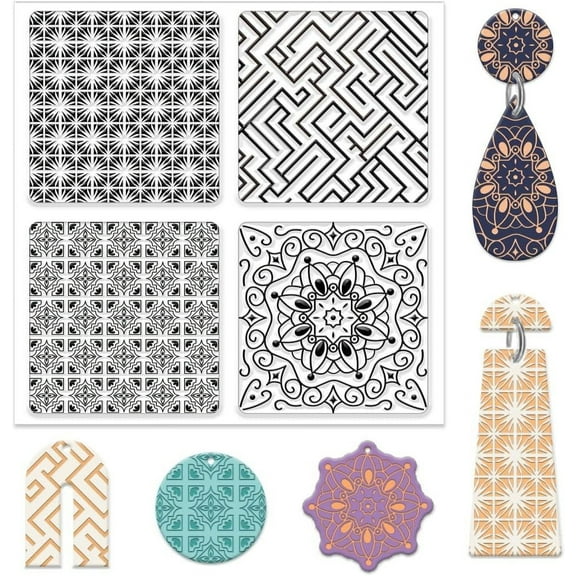 Mandala Flowers Polymer Clay Texture Sheets Geometry Clay Modeling Pattern Pad Clay Texture Mat Embossing Folders Clay for DIY Jewelry Making Craftwork and Printing Patterns 5.5x5.5Inch