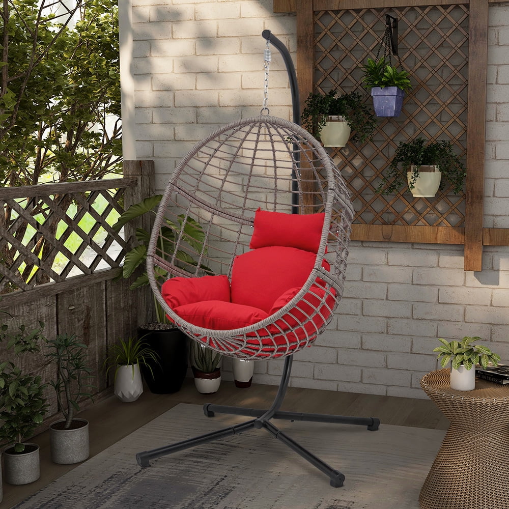 Abble Indoor Outdoor Wicker Hanging Egg Chair with Stand, Gray Swing Chair with Red Cushion