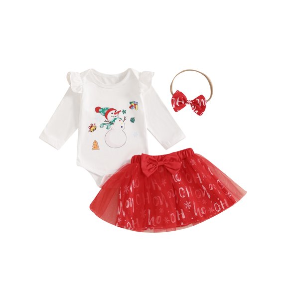 Baby Toddler Girls Christmas Outfits with Bow Headband 3 6 9 12 18 24 Months Snowman Pattern Crew Neck Long Sleeve Fall Infant Romper and Skirt Clothing Sets
