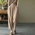 thumbnail image 2 of Pantalones harén de lino y algodón de moda para mujer, pantalones holgados de cintura alta elásticos hasta los tobillos, pantalones casuales sólidos con bolsillos retro para mujer, 2 of 5