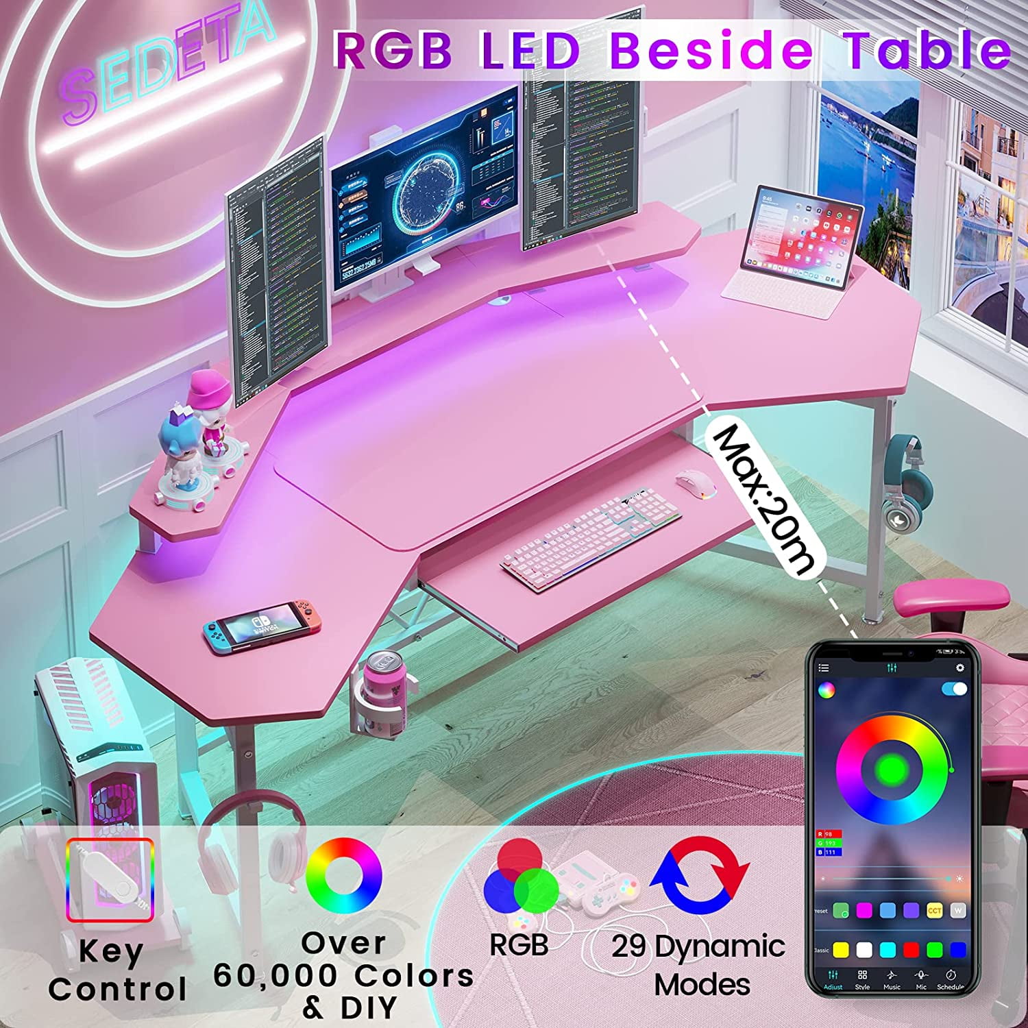 Pink Gaming Desk with Keyboard Tray & RGB LED Lights, L Shaped Computer