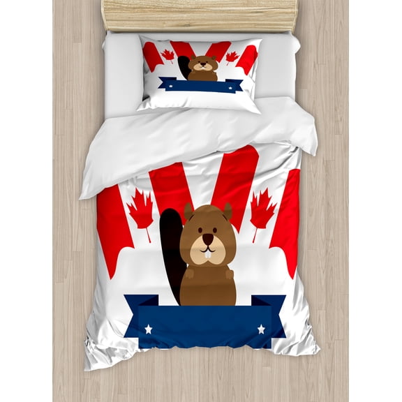Groundhog Day Collection Duvet Cover Set, Canadian Marmot Cartoon and National Flags Cultural Art, Decorative 2 Piece Bedding Set with 1 Pillow Shams, Twin Size, Vermilion Umber Blue, by Ambesonne
