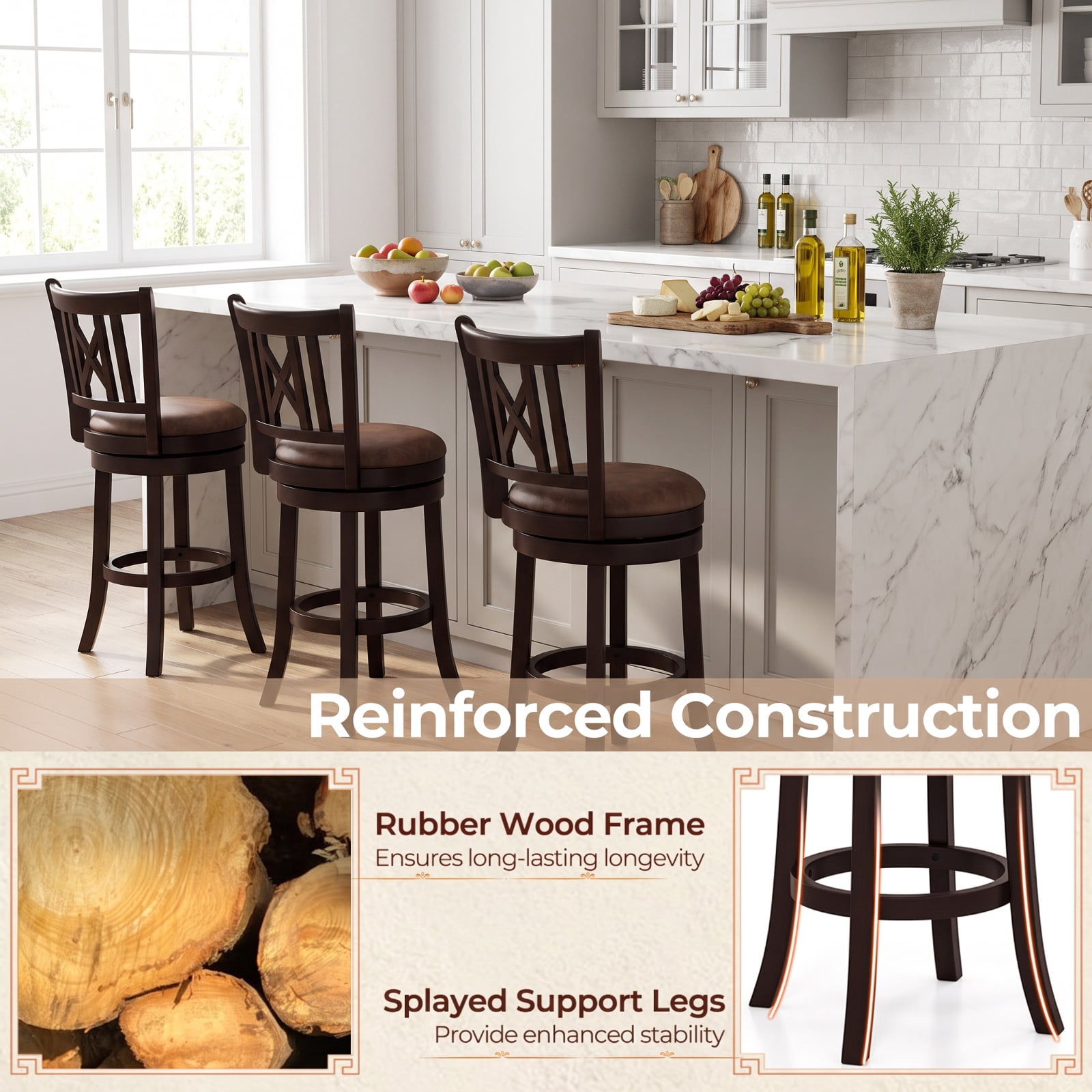 Furnibear Set of 2 Swivel Bar Stools with Footrest and Hollowed Backrest 26 Inch for Kitchen