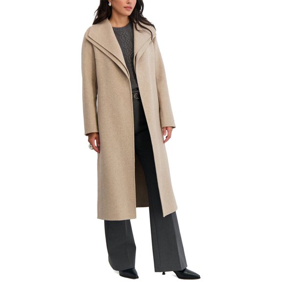 TAHARI Women's Slim Fit Double-Faced Soft Wool Blend Wrap Coat w/Tie Belt, Oatmeal, XL