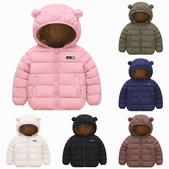 Nwiuh Toddler Boys Sherpa Lined Winter Coat Kids Fuzzy Fleece Padded Puffer Jacket Cute Ears Hooded Outerwear Trendy Warm (Navy, 12-18 Months)