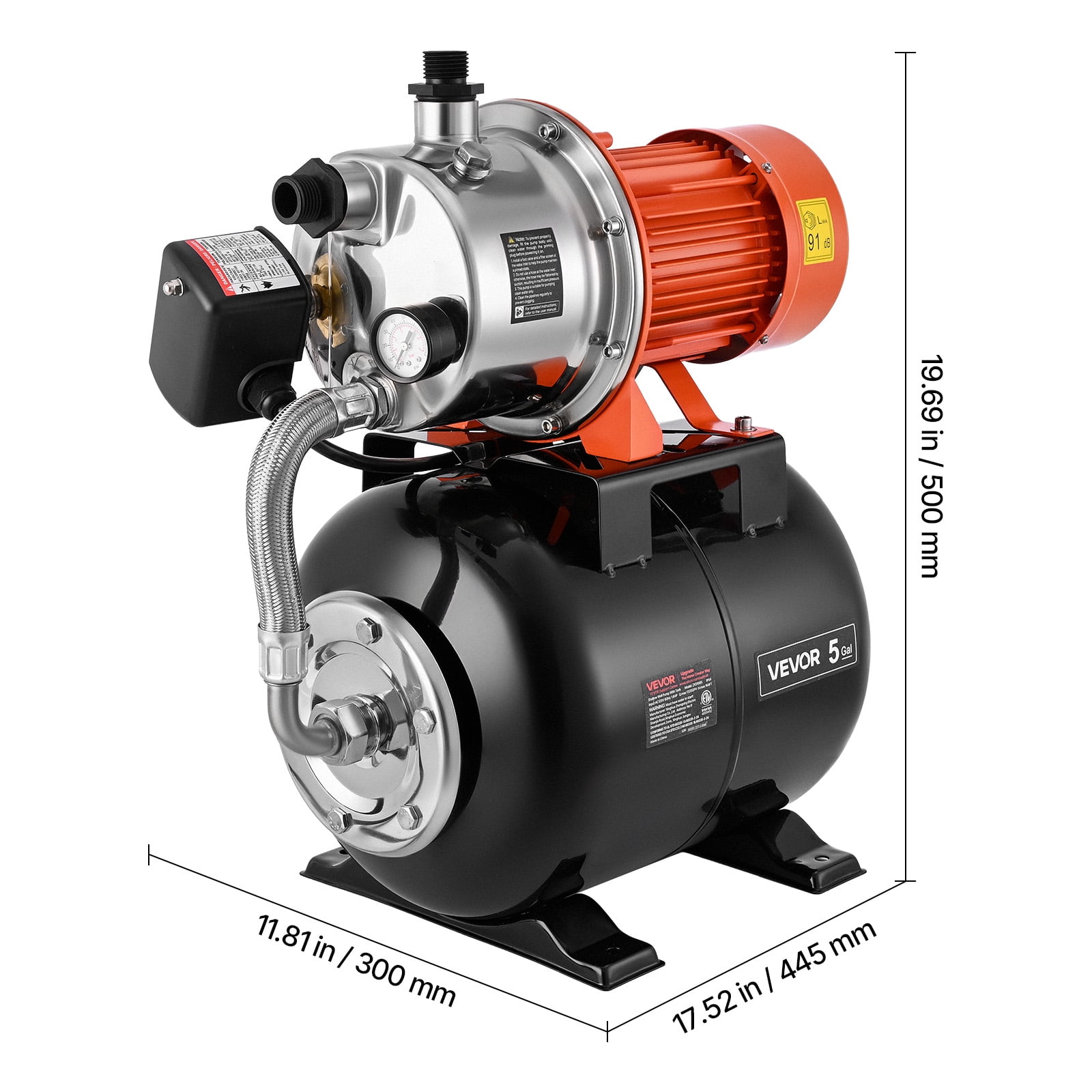 VEVOR 1.6 HP Shallow Well Pump with Pressure Tank, 120V 1320 GPH, Stainless Steel Irrigation Jet Pump with 5-Gal Pressure Tank, Automatic Water Booster System, for Home Garden Lawn, Potable Water