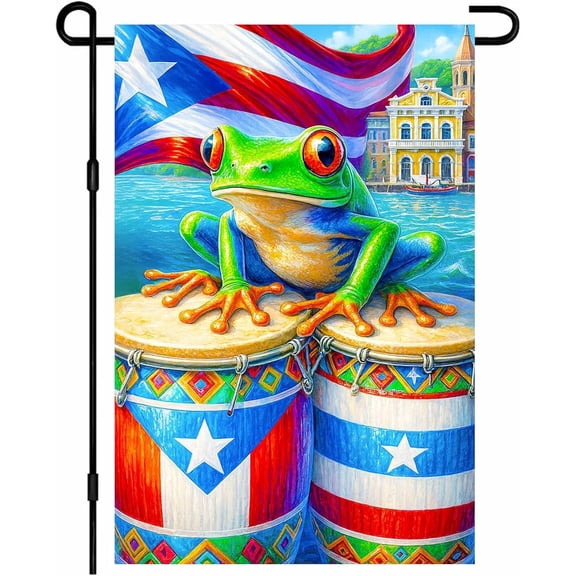 Puerto Rico Frog Garden Flag 12x18 Inch Colorful Patriotic Coqui Frog Puerto Rican Flag Coastal Ocean Harbor Small Boat Double Sided Small Vertical Yard Flag Seasonal Outdoor Decoration for Outside H