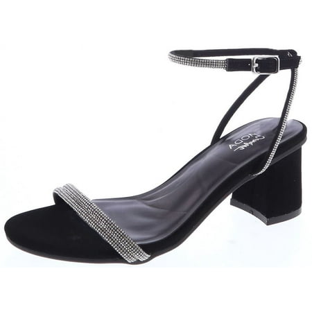 Top Moda Shoes Women Block Short Heels Open Toe Ankle Strap Bling Rhinestone CITY-1 Black Nubuck Suede 7.5