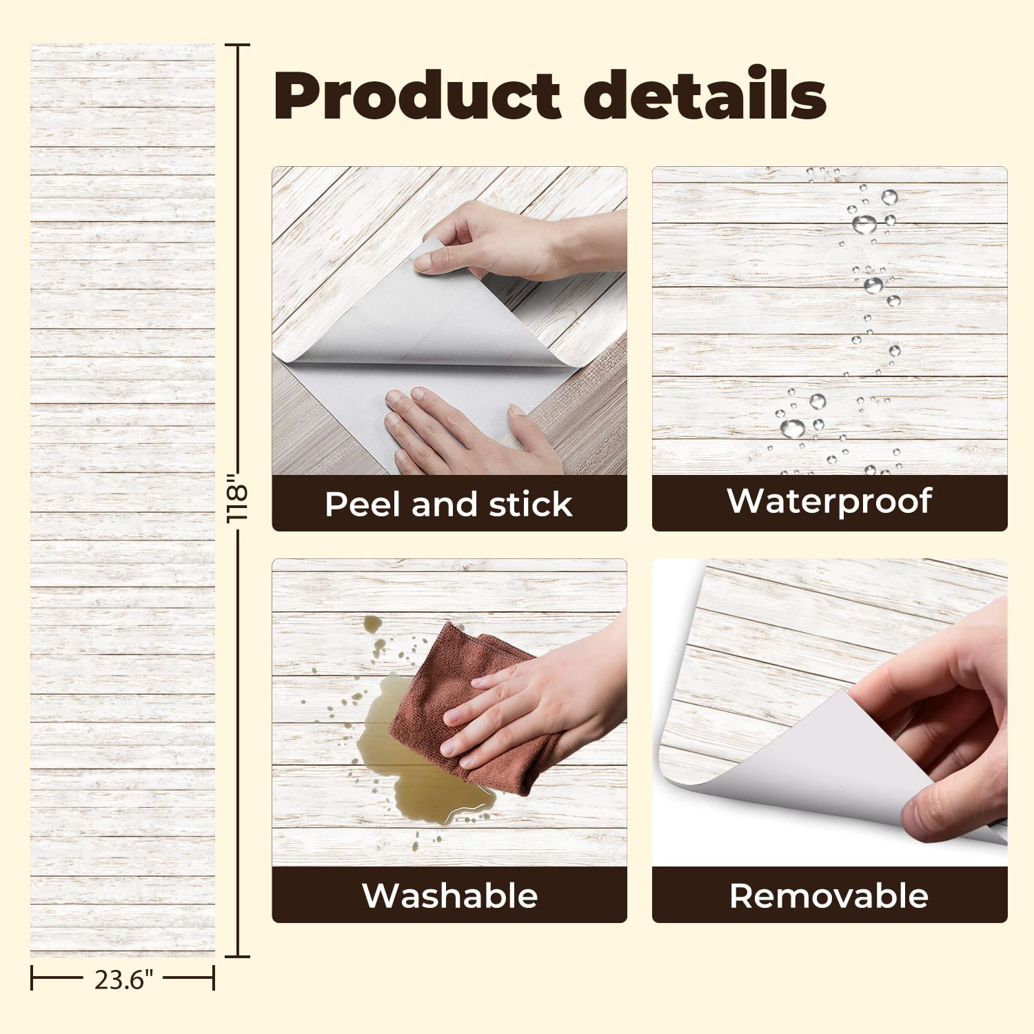 Peel and Stick Wallpaper 23.6in x 9.8ft Distressed White Wooden Planks Subtle Brown Contact Paper Vinyl Waterproof Self Adhesive Wall Paper for Bedroom Shelf Cabinet Renter Friendly