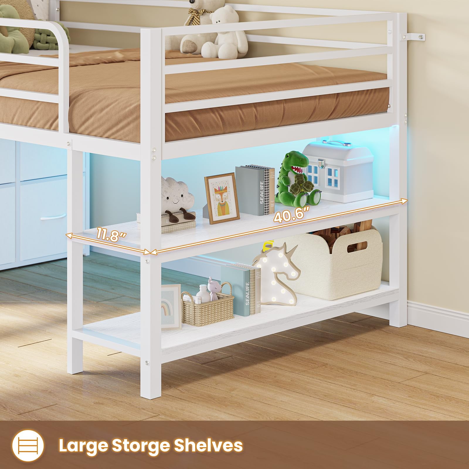 Twin Size Loft Bed with 6 Fabric Drawers and Storage Shelves, with LED Lights,Modern Low Loft Bed,No Box Spring Needed,Sturdy ,White / Black /Pink