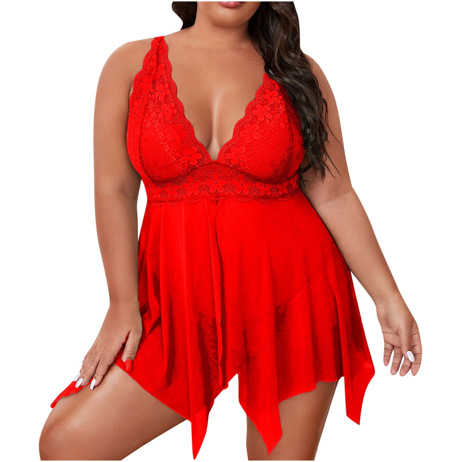 Homadles Plus Size Lingerie for Women- Halter Sexy Sleepwear See-through 2  Piece Soft Babydolls Red XXXL
