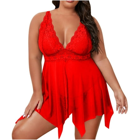 Odeerbi Women s Plus Size Lingerie Dress Set Babydoll 2025 Valentine s Day Plus Size Sexy Lingerie Solid Lace Mesh Cami Dress Temptation Underwear Sleepwear Nightdress Red