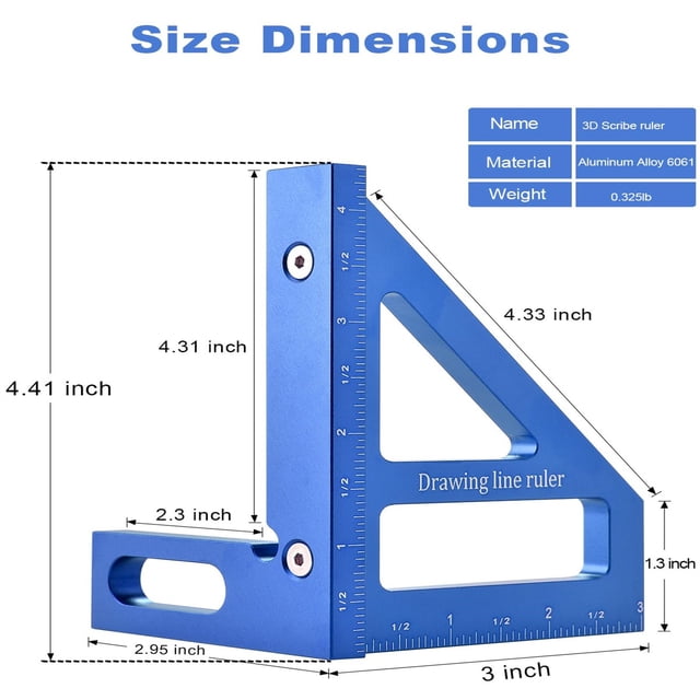 JJKBVCLO 3D Multi Angle Measuring Ruler 45/90 Aluminum Alloy Woodworking Square Protractor Triangle Ruler High Precision Layout Measuring Tool