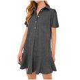 thumbnail image 2 of Ahuyic Womens Casual Dress,Womens Plus Size Dress,Womens Summer Solid Color Lapel Short Sleeved Buttoned Open Chest Pleated Ruffled Dress Short Skirt,Gray,XL, 2 of 4