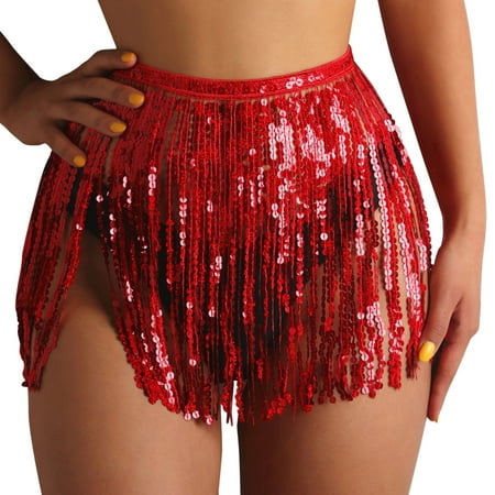Frehsky swimsuit women Women Short Sequin Fringe Cover Up Skirt Beach Wrap Bikini Shiny Wraps Cover Ups For Swimwear Red