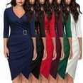 thumbnail image 6 of CENL Women Elegant Bodycon Dress Long Sleeve V Neck Slim Fit Work Robe OL Wrap Dress, 6 of 9