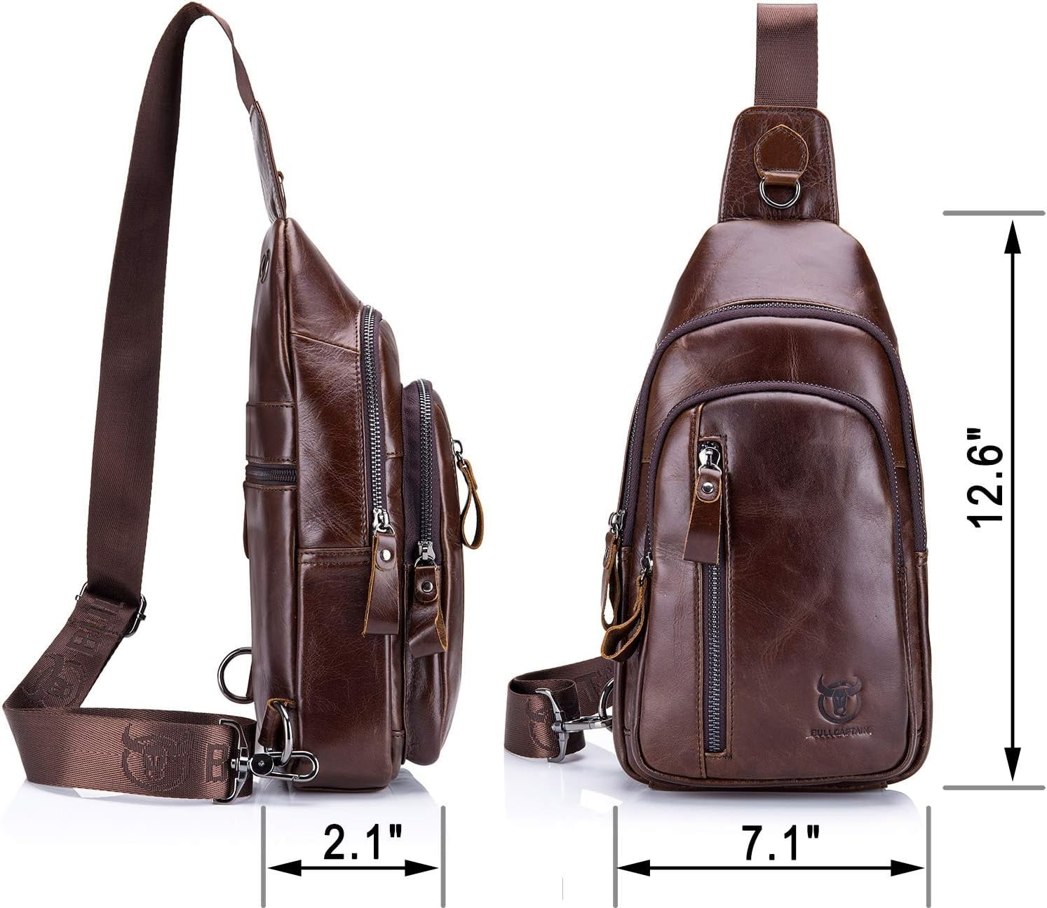 BULLCAPTAIN Genuine Leather Sling Bag Coffee Crossbody Backpack Daypack for Men