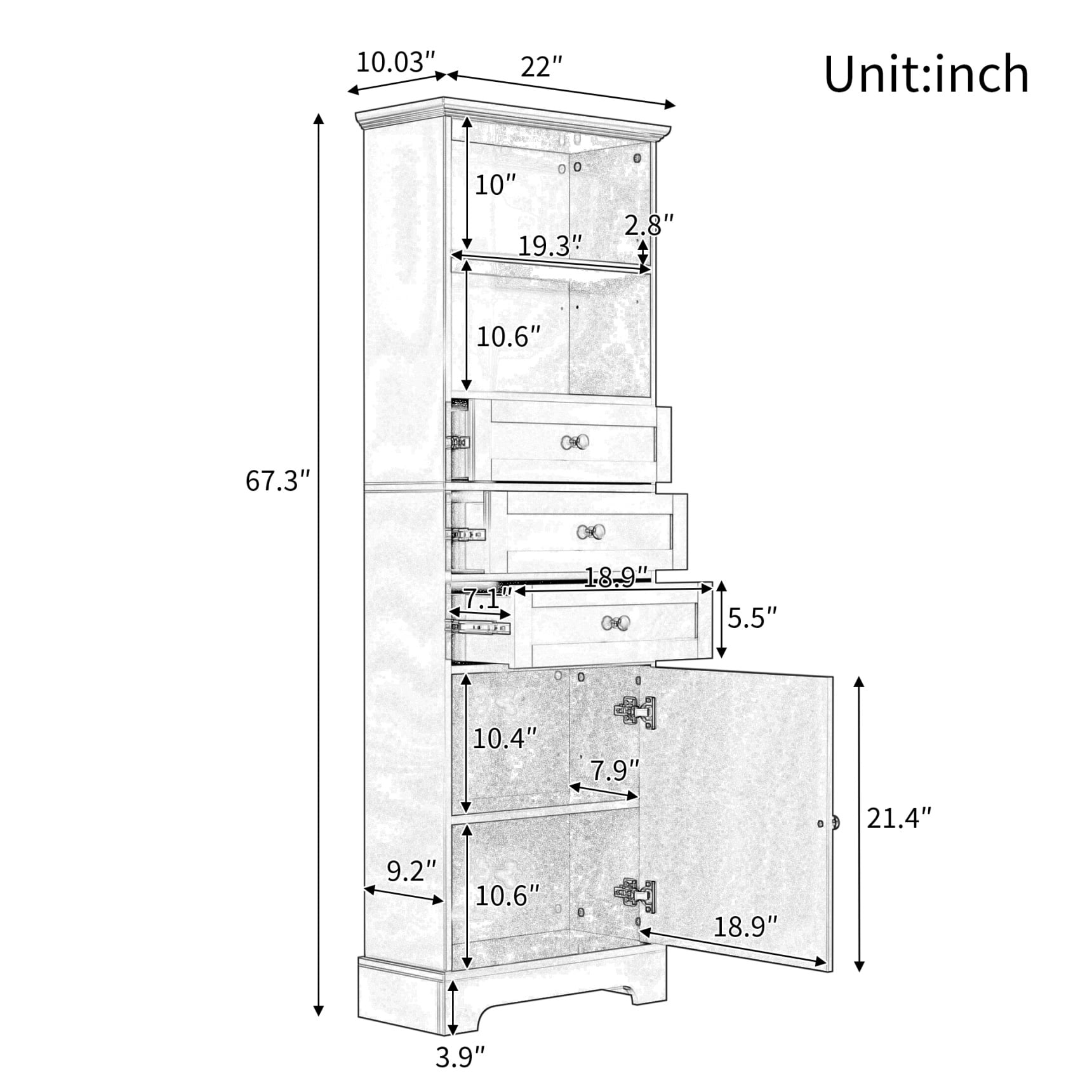 68.3" Tall Bathroom Storage Cabinet, Freestanding Storage Cabinet with 3 Drawers and Adjustable Shelves, Kitchen Pantry Linen Cabinet for Bathroom, Living Room, Dining Room, Office, Gray