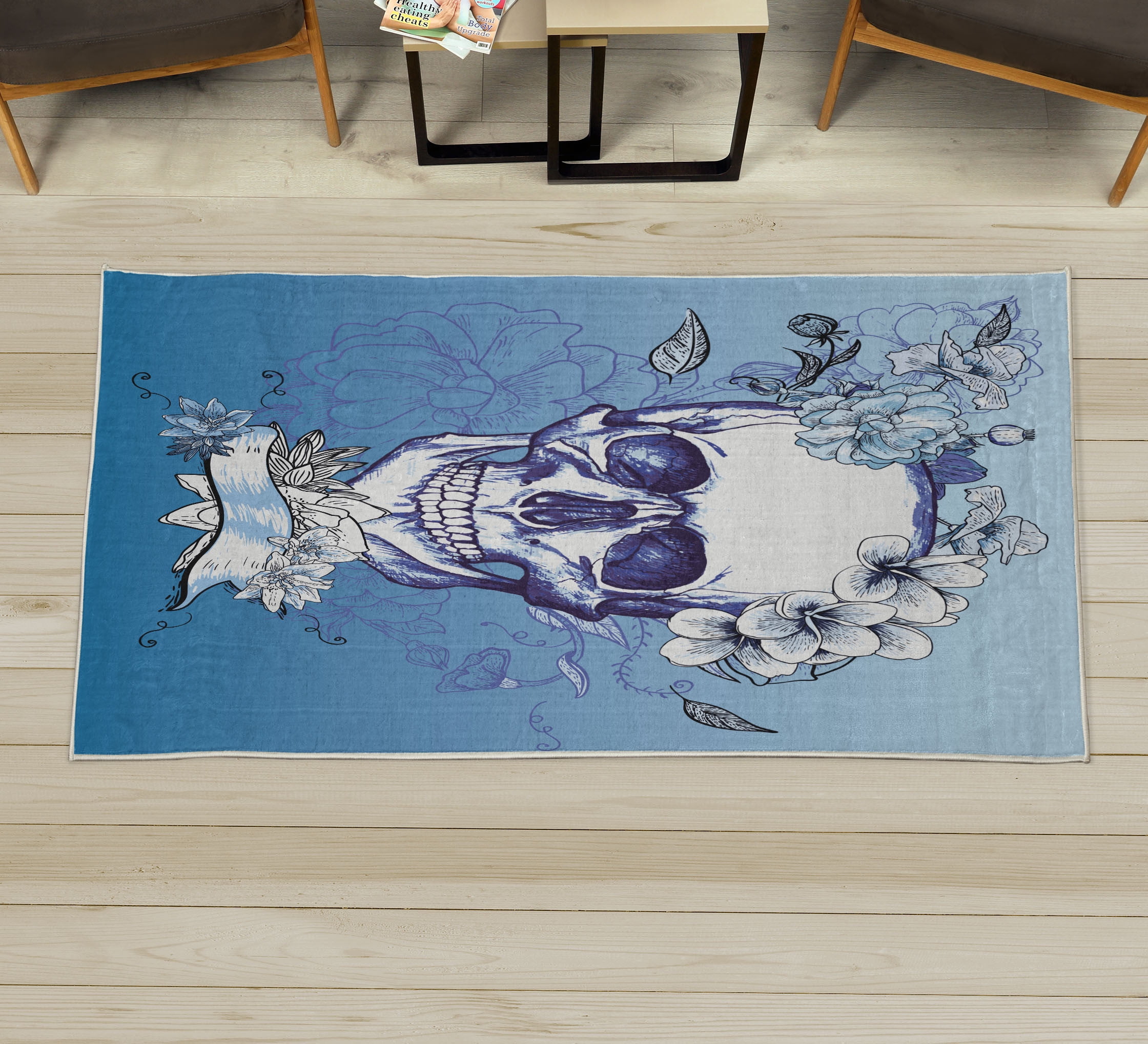 Grunge Decorative Rug, Skull and Flowers Day of the Dead Mexican ...
