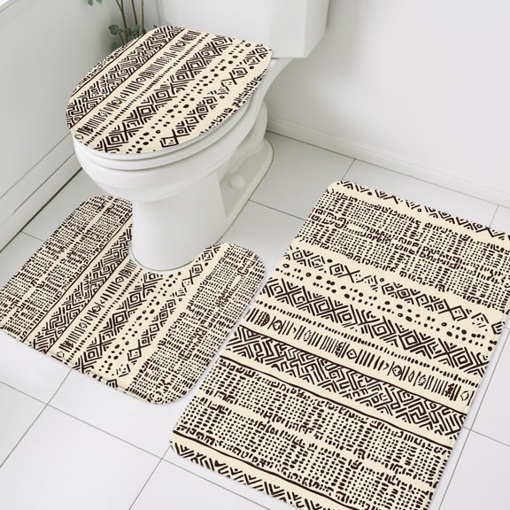 Vintage Tribe Bathroom Rugs Set Bohemian Earth Tones Lines Texture Non Slip Absorbent Soft Bath Mats 3 Piece Set with Bathroom Rug, U-Shaped Floor Mat, Toilet Seat Cover Small Size