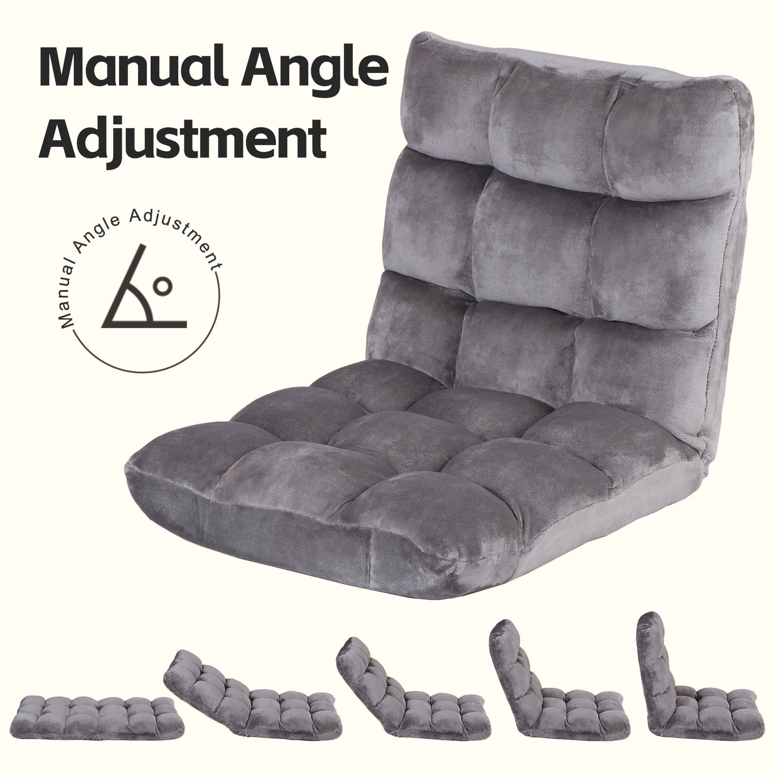 WDZS 14-Position Folding Floor Chair Gaming Sofa Cushioned Padded Reclining Bed Lounge Couch Seating for Comfy Reading, Reading, Gaming, Relaxing, Watching TV,Gray