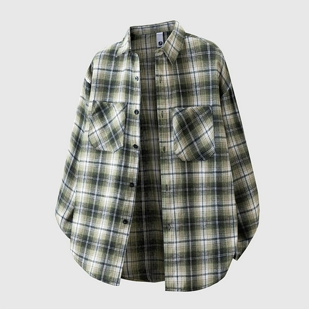 Blusa y camisa de manga larga con cuello vuelto para hombre, blusa informal a cuadros a la moda con botones y cuello vuelto, blusa de poliéster para hombre